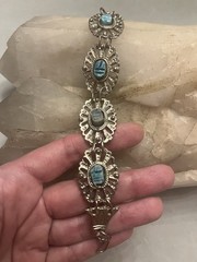 Vintage Egyptian Revival Turquoise Scarab Silver Filigree Bracelet/Earrings Set