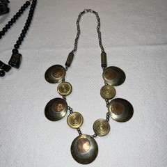 VTG Modernist Mixed Metal Necklace Brass Copper Disc Statement MCM 21”
