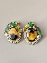 Vintage Verified JULIANA Green Art Glass Bracelet Brooch/Pendant Earring Set
