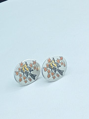 Vintage Damascene Stud Earrings Reed & Barton Silver Bird Maple Leaf .5″