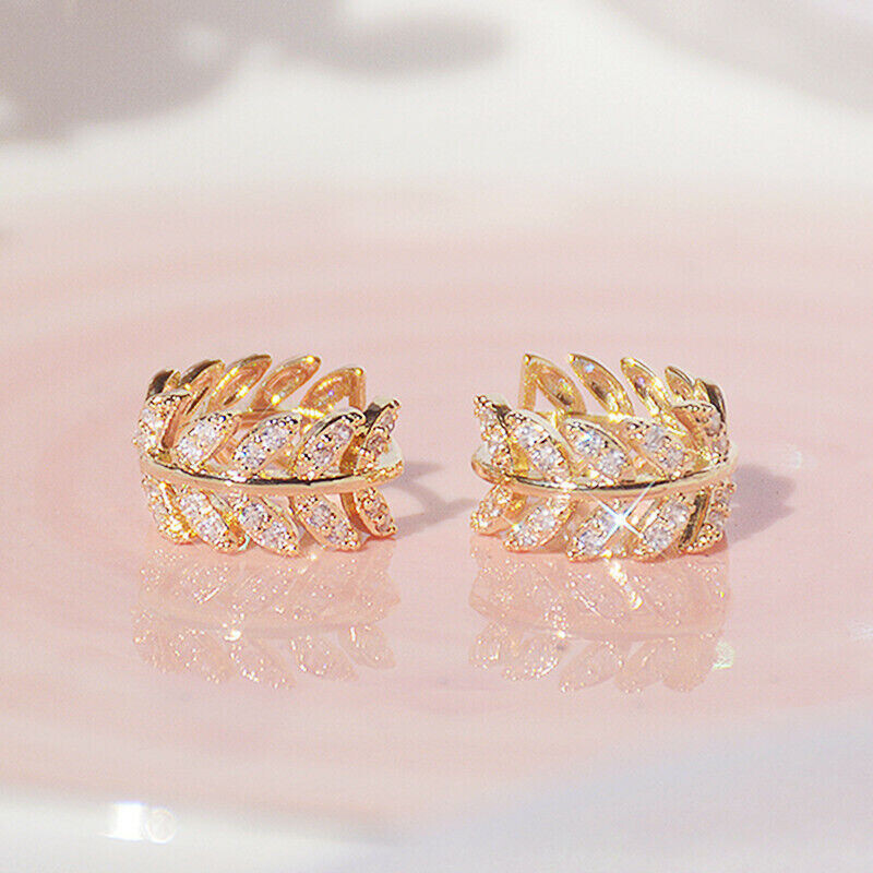 Leaf Branch Huggie Hoop Earrings 2.4 Ct Simulated Diamond 14K Yellow Gold Over