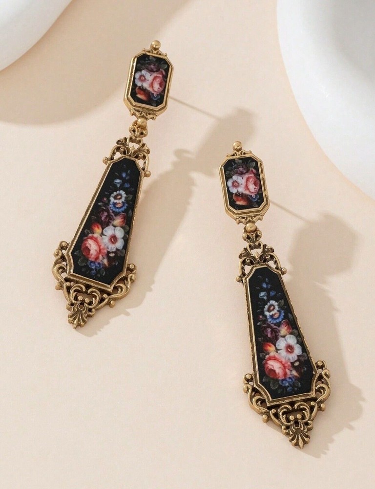 Vintage Floral Painting Victorian Style Dangle Earrings