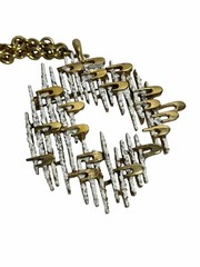 Boucher Gold Tone And White Enamel Modernist Brooch Pendant, 3″ With Chain