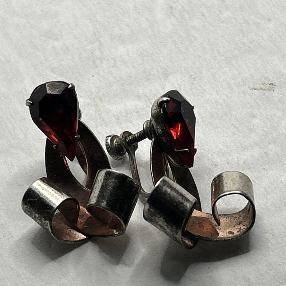 Vintage Sterling Silver pear shaped red stone Screw Back Earrings, 925