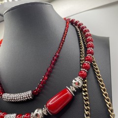 Necklace Lot Of 3 RED BOHO Eclectic, Glass, Metal, Plastic, Beads Estate