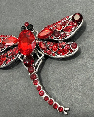 Red Rhinestone Dragonfly Brooch Pendant Faceted Center Stone Silver Tone 2.5″