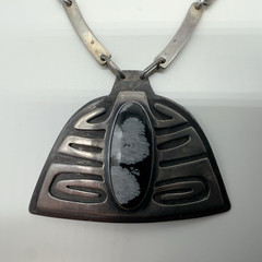 VTG Fridl Blumenthal Sterling Snowflake Obsidian Pendant Necklace 52.8g #bba