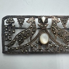 Rare Antique Art Deco Sterling Silver Marcasite MOP Cats Brooch 2.5in 13.8g