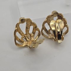 Vintage Clip Earrings Fan Shell Leaf Gold Tone Clear Rhinestone 0.9 Inch