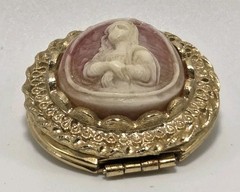 Vintage Faux Cameo Locket Mona Lisa Gold Tone & Pink Dimensional ~1 1/8″