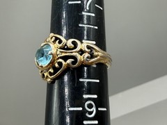 VINTAGE ESTATE GOLD PLATED OVAL CUT PASTE BLUE TOPAZ FILIGREE RING SIZE 8
