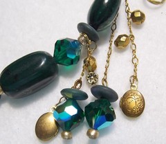 Lg Signed ROXSANN Green Bead Necklace RENOIR Boating Party w/5 Locket Dangles