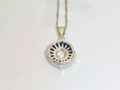 Art Deco Style Lab Created Diamond Sapphire Engagement 14K White Gold FN Pendant