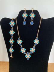 Vtg Avon JJH Blue Green Cabochon Clear Rhinestone Necklace Bracelet Earrings Set