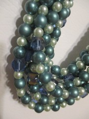 Vintage Glamor Blue Crystal Faux Teal Pearl Bead Chunky Multi Strand Necklace!