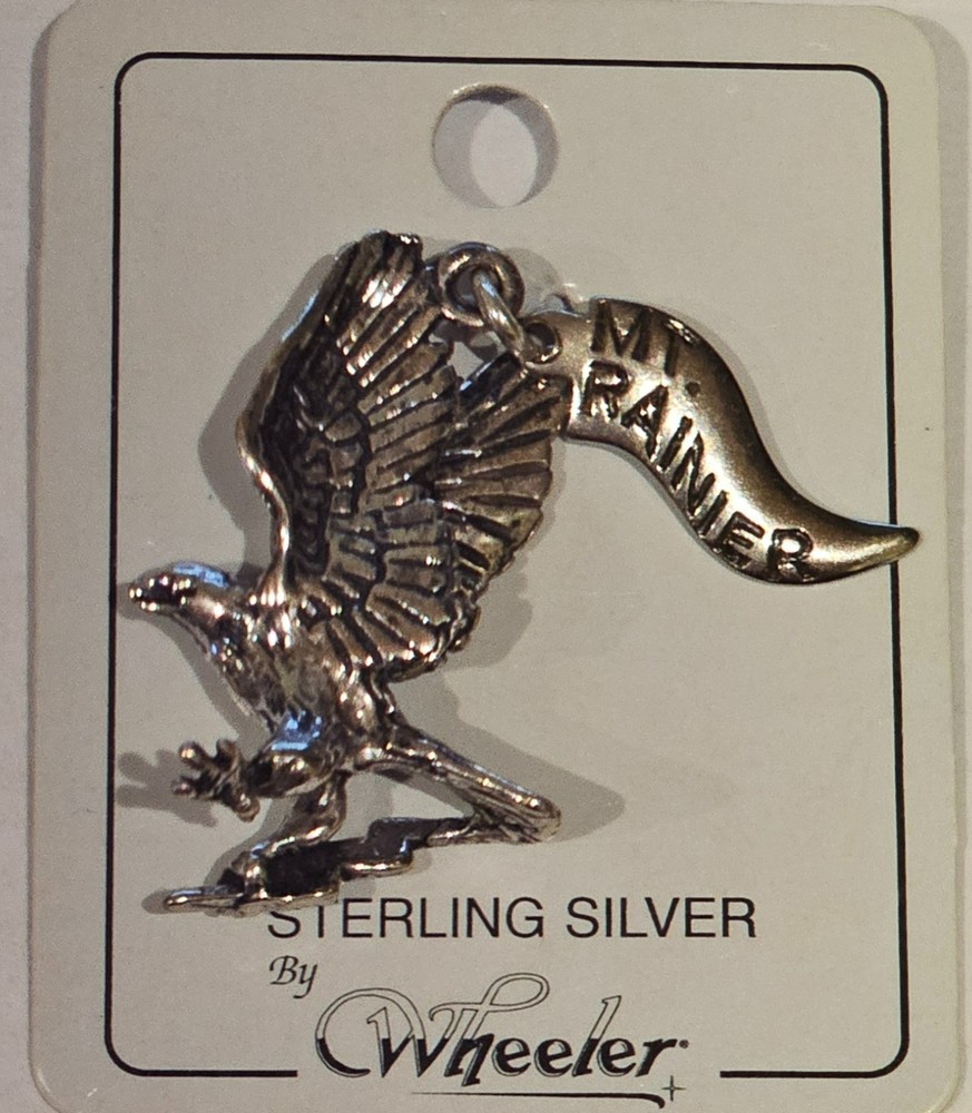 WHEELER VINTAGE 1980 STERLING SILVER 3D MT. RANIER EAGLE CHARM ON CARD