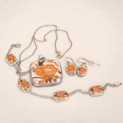 Vtg 70s Italian Sterling Silver Ceramic Floral Jewelry Set Necklace Bracelet Erg