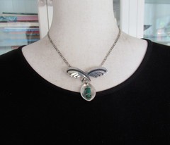 VINTAGE MEXICO STERLING NECKLACE PENDANT BROOCH w CHRYSOPRASE, 2 1/4 INCH PENDT