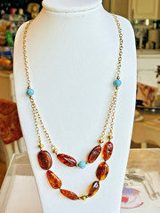 Natural Baltic Amber Necklace With Turquoise 14K Gold Filled