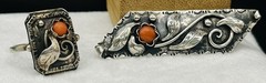 Art Deco German Ivy & Berry CORAL 830 Silver Ring SZ 9.75 & Brooch Spring set