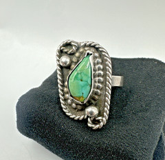 Vintage Navajo Old Pawn Style Sterling Silver Turquoise Ring Lasso Unique Sz. ~8