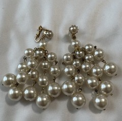 Vintage Faux Pearl Earrings Chandelier Cluster Gold-Tone Patina 1950-1960