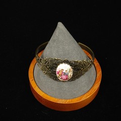 70s Brass Filigree Victorian Courting Couple Porcelain Cuff Bracelet