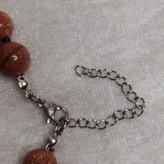 Vtg Goldstone 10mm beaded hand-knotted Necklace Stainless Steel Extender