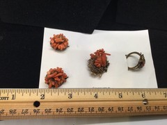 Dainty Coral Colored Pin, Clip Earrings And Ring