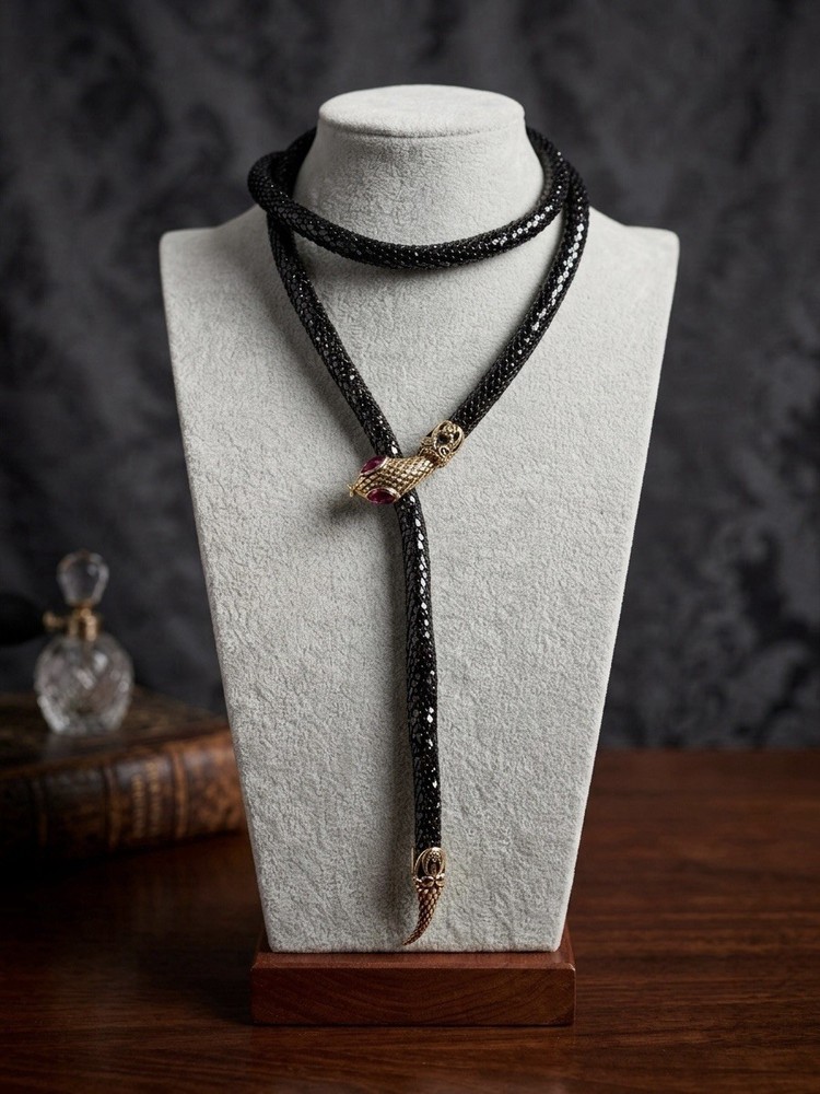 DL Auld Vintage Chainmail Mesh Snake Belt Necklace Black Gold Lariat Choker 42”