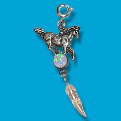925 Sterling Silver Blue Fire Opal Horse Feather Clip-On Charm Pendant