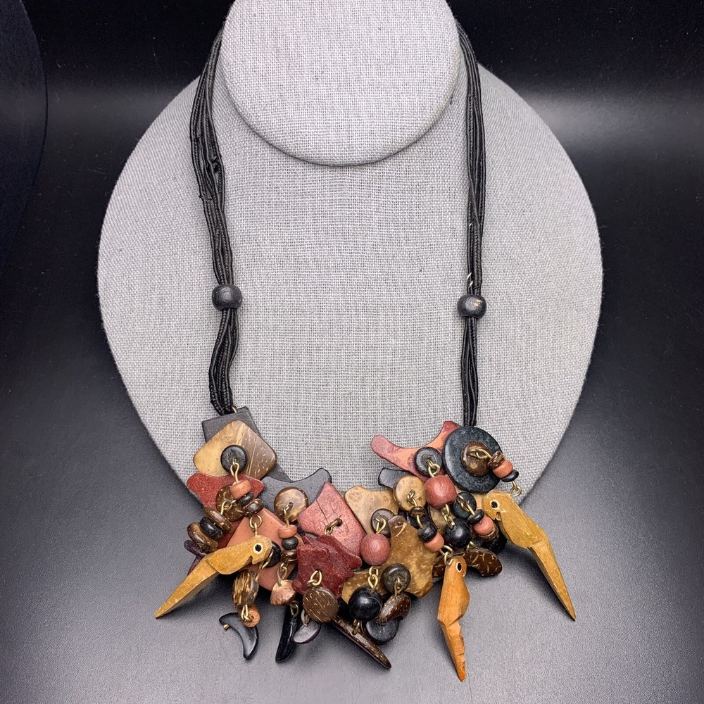 Wooden Parrot Bib Statement Necklace Beaded Cluster Coconut Shell Boho Vintage