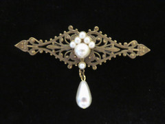 Vintage Ornate Metal Bar Dangle Brooch with Faux Pearls