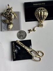 Vintage Gold Tone Brooches Lot;Hot Air Balloon; Bubble Fish Marked AJC;Scissors