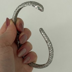 Snake Serpent Bracelet Clear CZ Green Eyed Silver Tone Sparkly Hinged Bangle