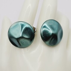 Green Blue Almost Metallic Color Dimpled Puckered Round Vintage Clip On Earrings