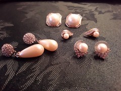 Faux Pearl Gold Tone and Rhinestone Pierced Earrings Lot 4 Pair