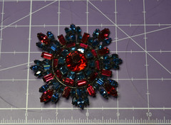 SCHREINER Maltese Cross Brooch RED/BLUE Rhinestones Unsigned Book Piece 3.5 in.