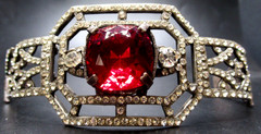 1920’s French Theatrical Red & Sparkling Ice Rhinestone Hinged Bracelet
