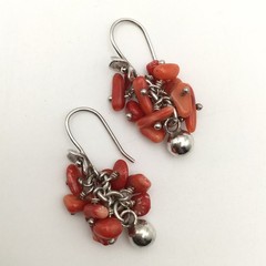 Vintage Sterling Silver Red Orange Coral Flower Hook Dangle Earrings 8.9g #97