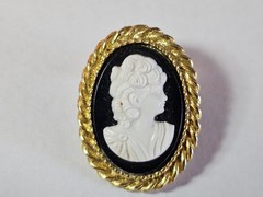 Oval Cameo Brooch Pin, Gold Tone Rope Frame, White Portrait on Black Background