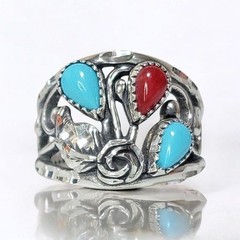 Wheeler MFG Sterling Silver Sleeping Turquoise Coral Diamond Cut Rose Leaf Ring