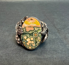 1970 Art Sterling Silver Ring Orbicular Ocean Jasper Grapevine Adjustable 8-10