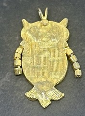 Textured Gold Tone Metal Articulated Rhinestone Owl Bird Green Eye Pendant 1.5″
