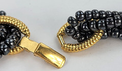 Vintage Gray Glass Bead Gold-Tone Link Beaded Necklace 36 in Fold Over Clasp