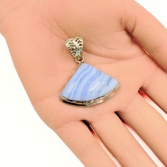 Vintage Blue Lace Agate Nickel Silver Triangular Fan Filigree Accent Pendant
