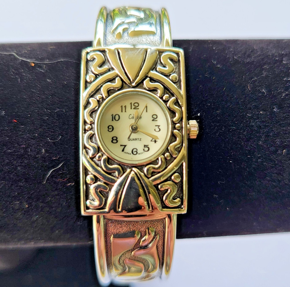 Vtg Collezio WristWatch Silver Tone Cuff Ornate Filigree Western-Style Mother of