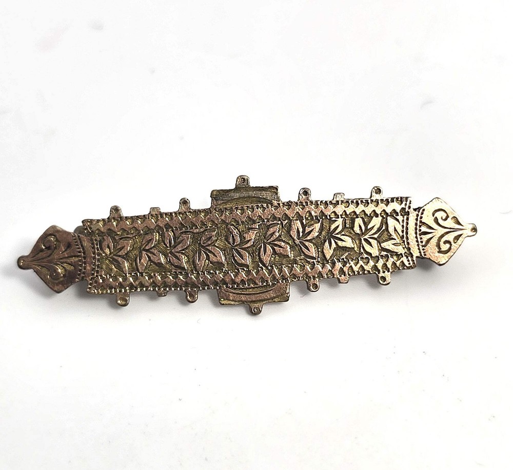 French Byzantine Ivy leaf yellow gold filled bar pin antique Victorian brooch