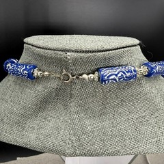 Vintage Necklace Blue White Patterned Beaded 22 Inches