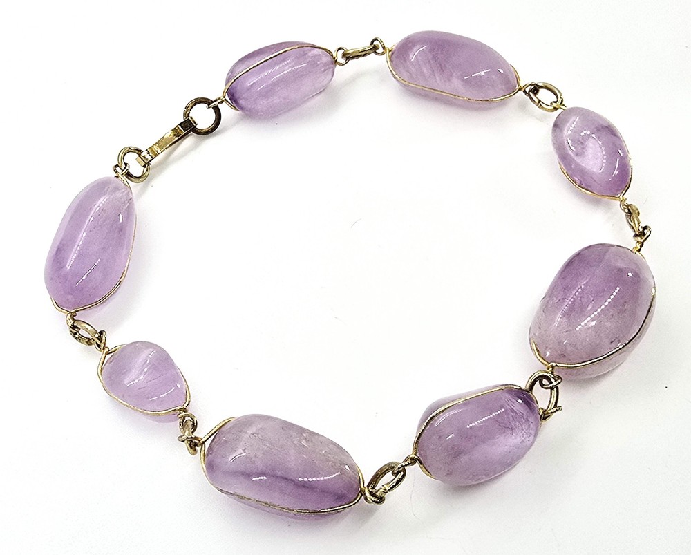 Tumbled lavender amethyst vintage carved yellow gold plated gemstone tennis brac